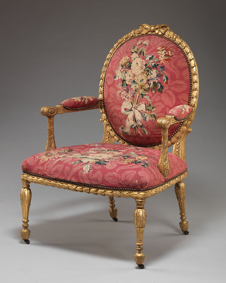 Armchair (one of a set of six), John Mayhew (British, 1736–1811), Gilded fruitwood; wool and silk (22-24 warps per inch, 9-10 per centimeter), British and French