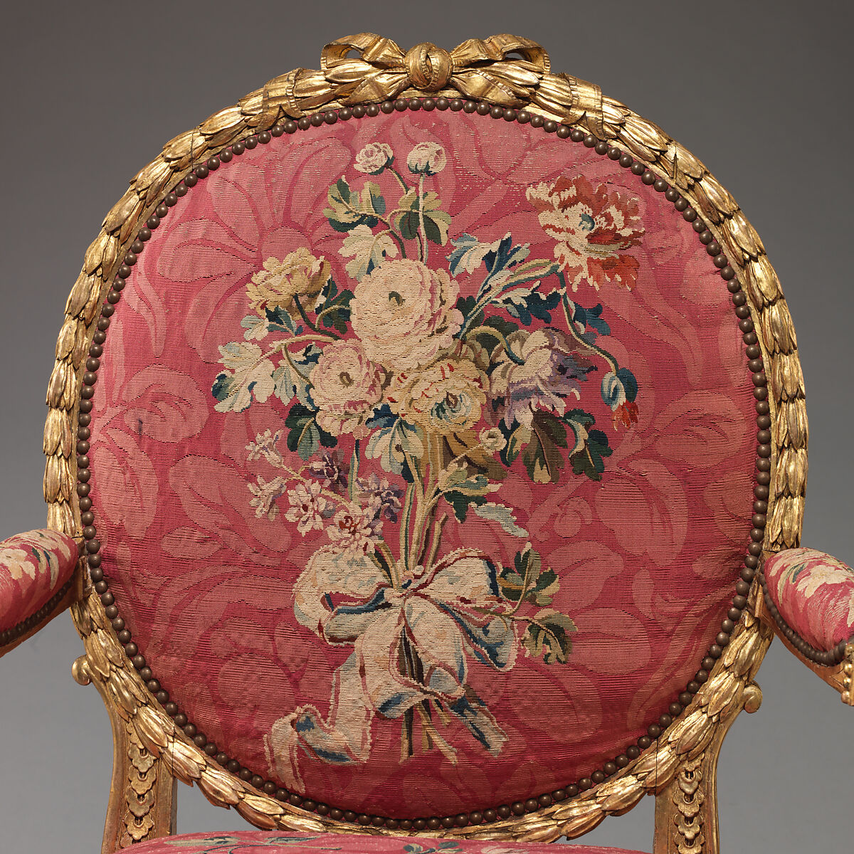 Armchair (one of a set of six), John Mayhew (British, 1736–1811), Gilded fruitwood; wool and silk (22-24 warps per inch, 9-10 per centimeter), British and French