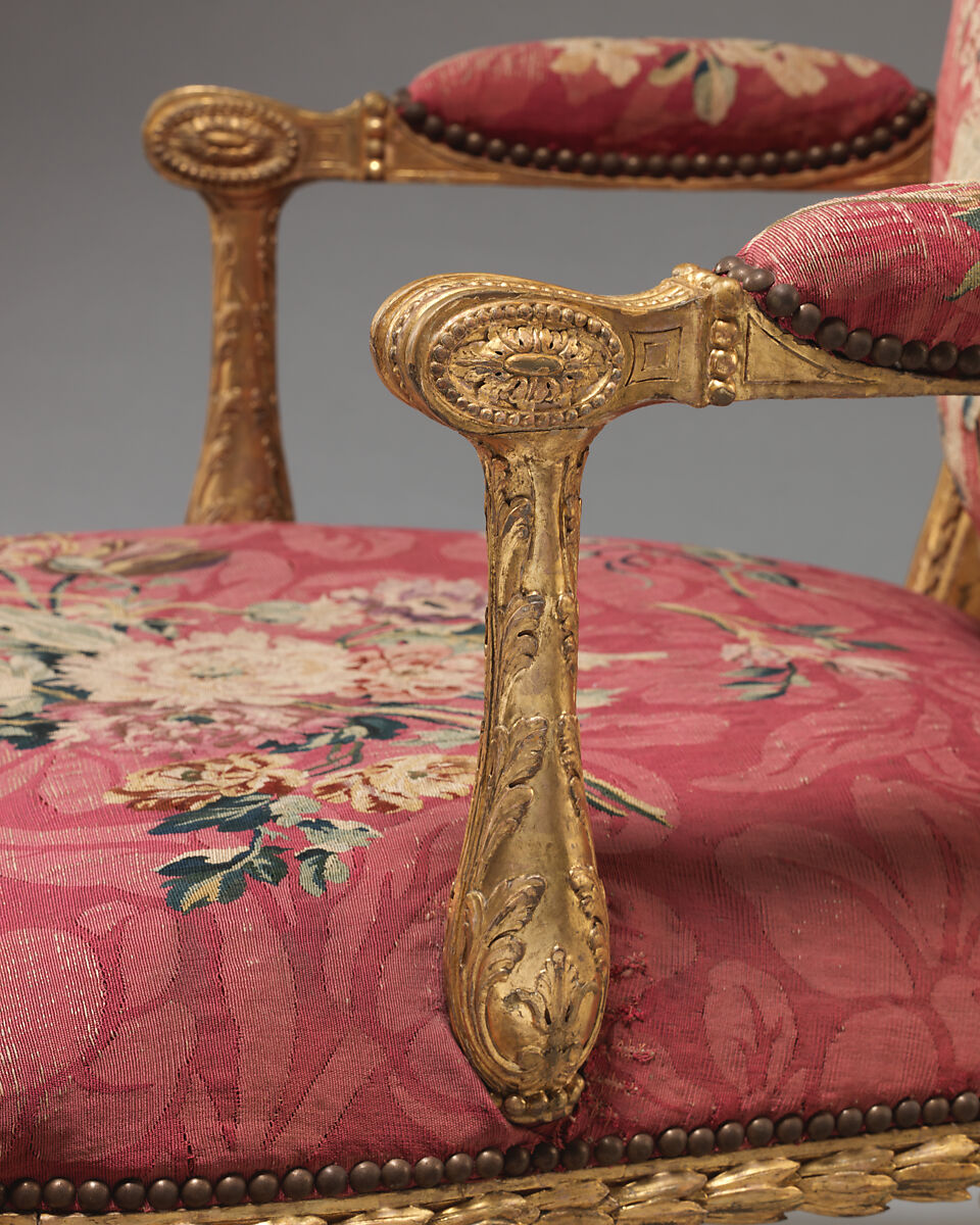 Armchair (one of a set of six), John Mayhew (British, 1736–1811), Gilded fruitwood; wool and silk (22-24 warps per inch, 9-10 per centimeter), British and French