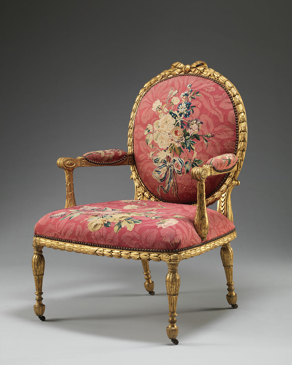 Armchair (one of a set of six), John Mayhew (British, 1736–1811), Gilded fruitwood; wool and silk (22-24 warps per inch, 9-10 per centimeter), British and French