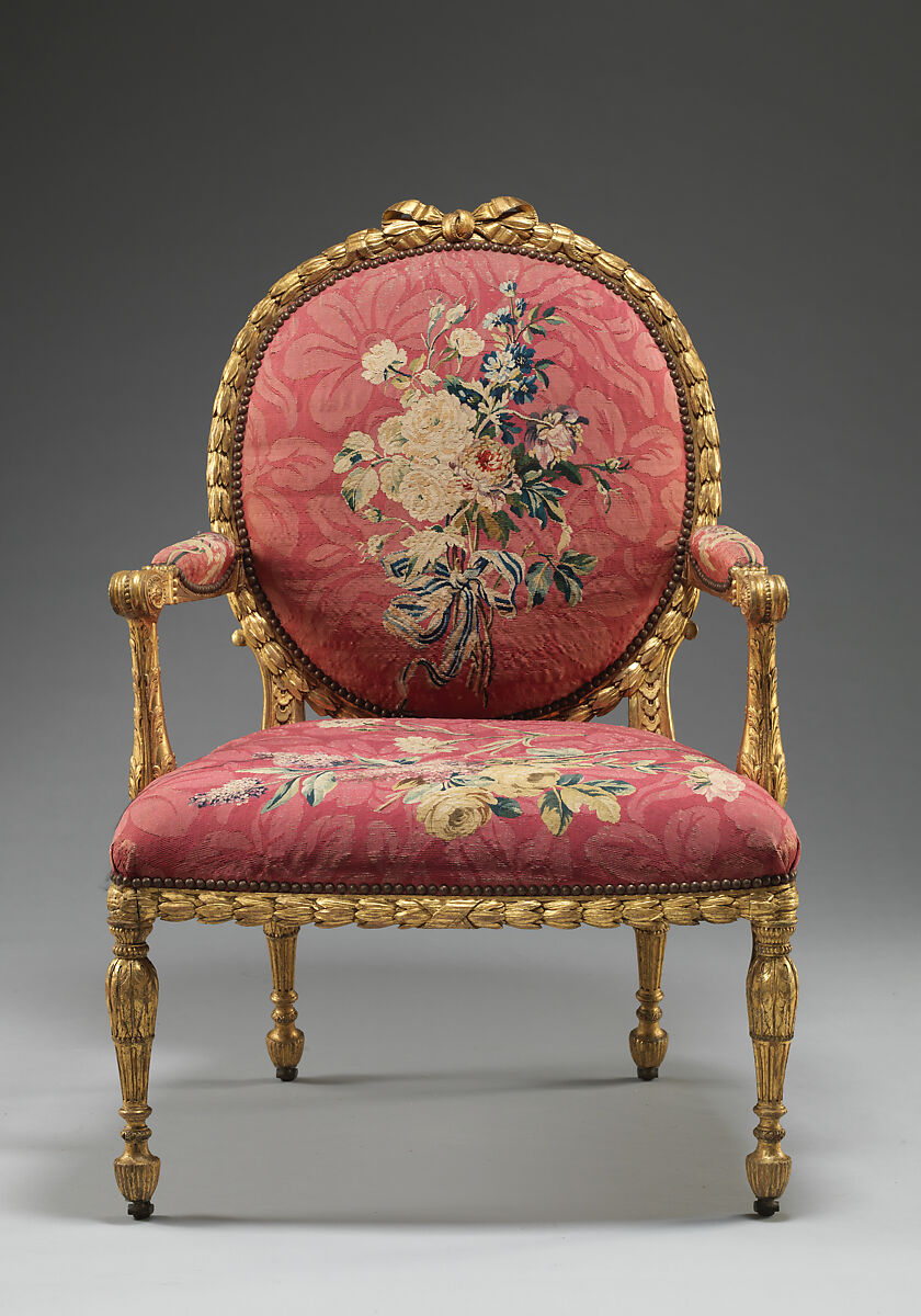 Armchair (one of a set of six), John Mayhew (British, 1736–1811), Gilded fruitwood; wool and silk (22-24 warps per inch, 9-10 per centimeter), British and French 