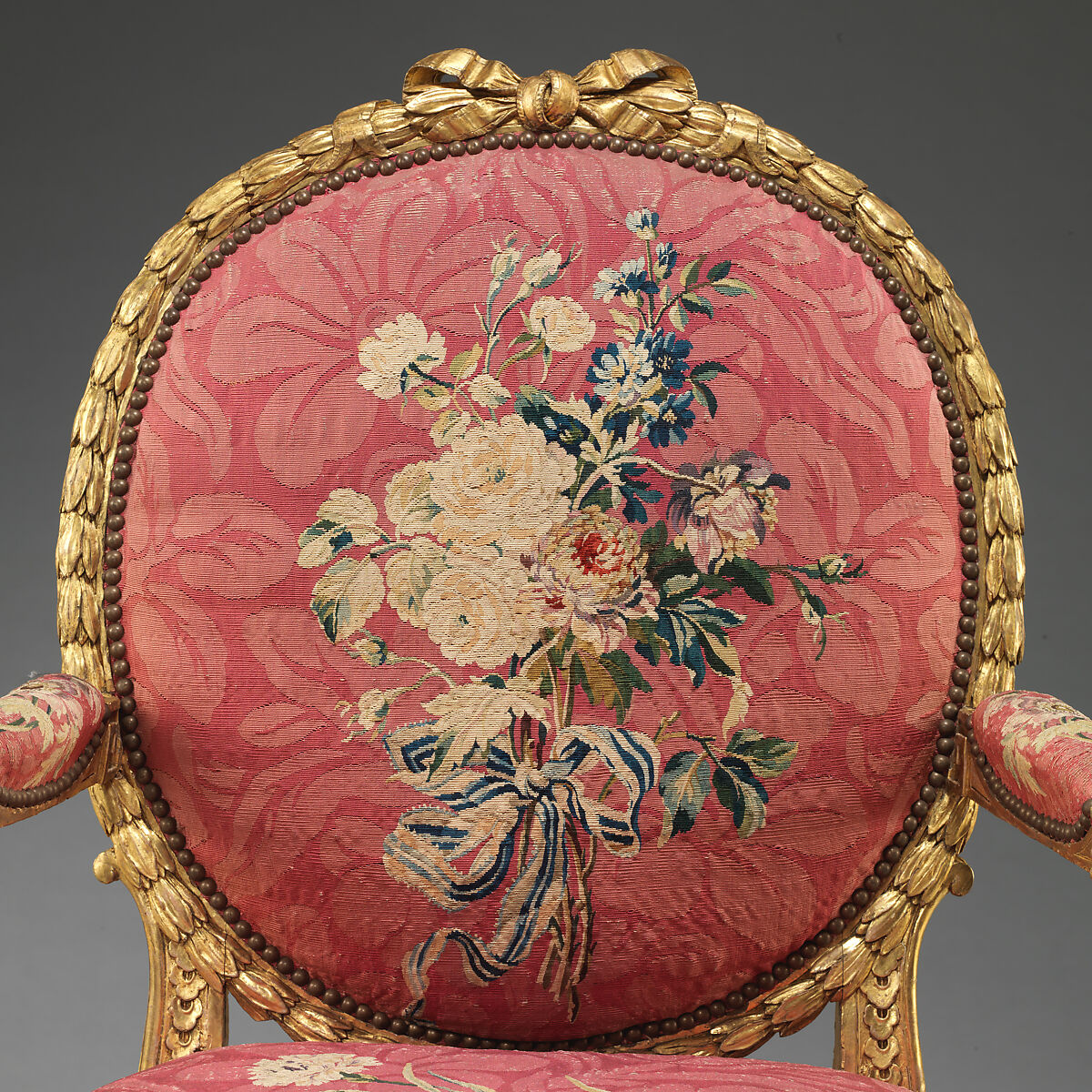Armchair (one of a set of six), John Mayhew (British, 1736–1811), Gilded fruitwood; wool and silk (22-24 warps per inch, 9-10 per centimeter), British and French