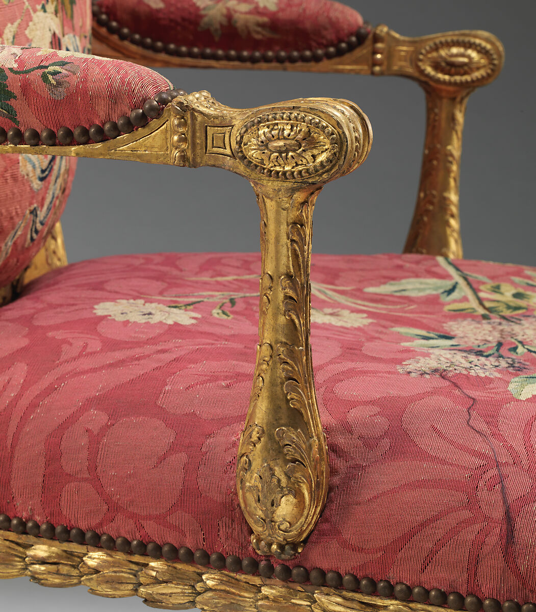 Armchair (one of a set of six), John Mayhew (British, 1736–1811), Gilded fruitwood; wool and silk (22-24 warps per inch, 9-10 per centimeter), British and French