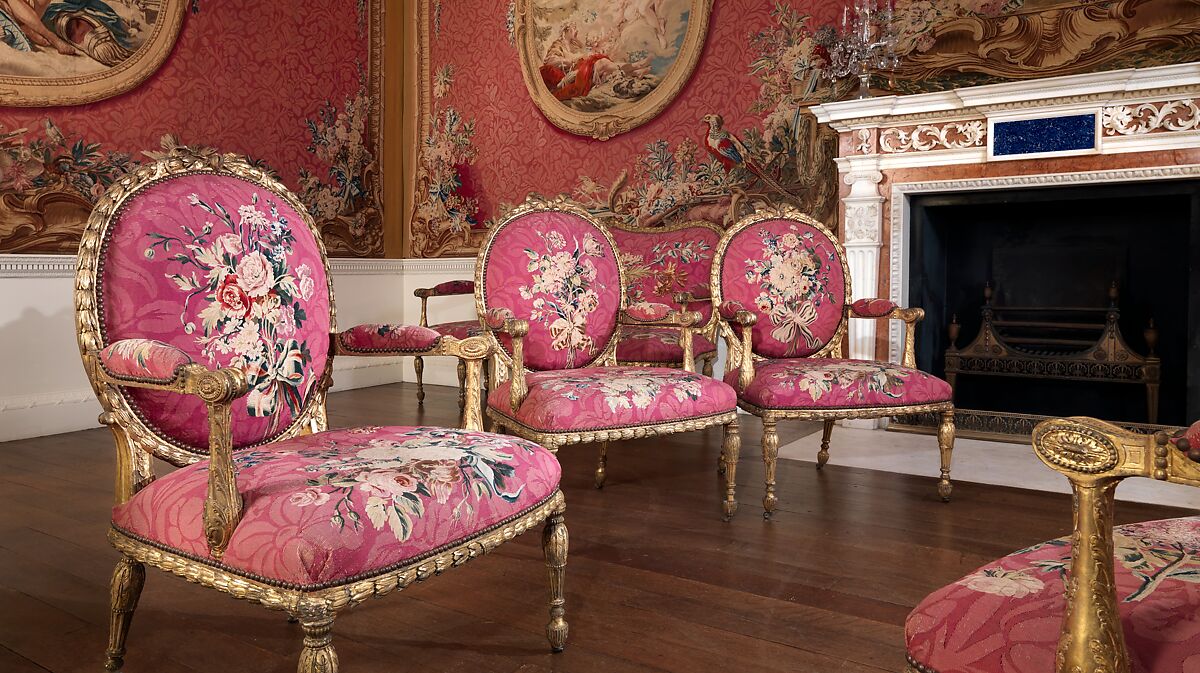 Settee (one of a pair), John Mayhew (British, 1736–1811), Gilded fruitwood; wool and silk (22-24 warps per inch, 9-10 per centimeter), British and French