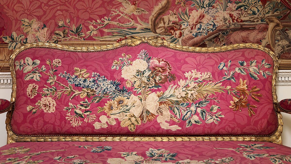 Settee (one of a pair), John Mayhew (British, 1736–1811), Gilded fruitwood; wool and silk (22-24 warps per inch, 9-10 per centimeter), British and French
