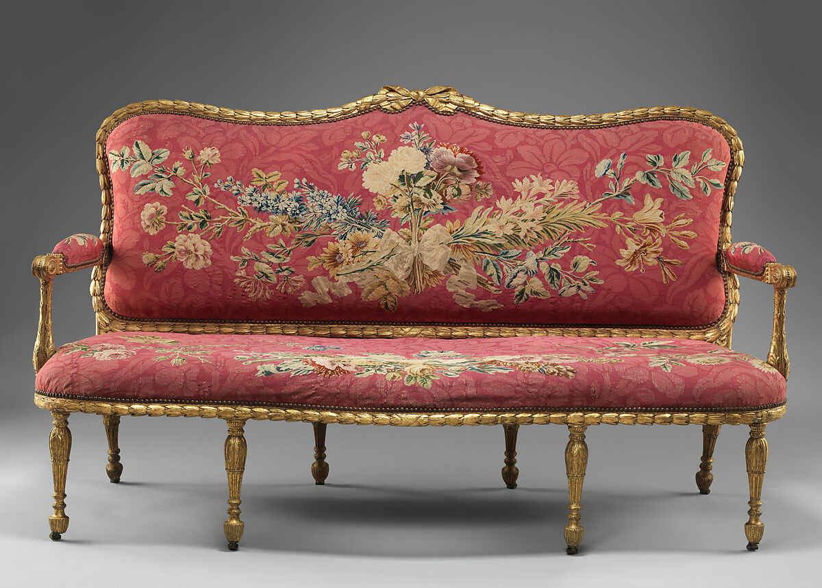 Settee (one of a pair), John Mayhew (British, 1736–1811), Gilded fruitwood; wool and silk (22-24 warps per inch, 9-10 per centimeter), British and French 