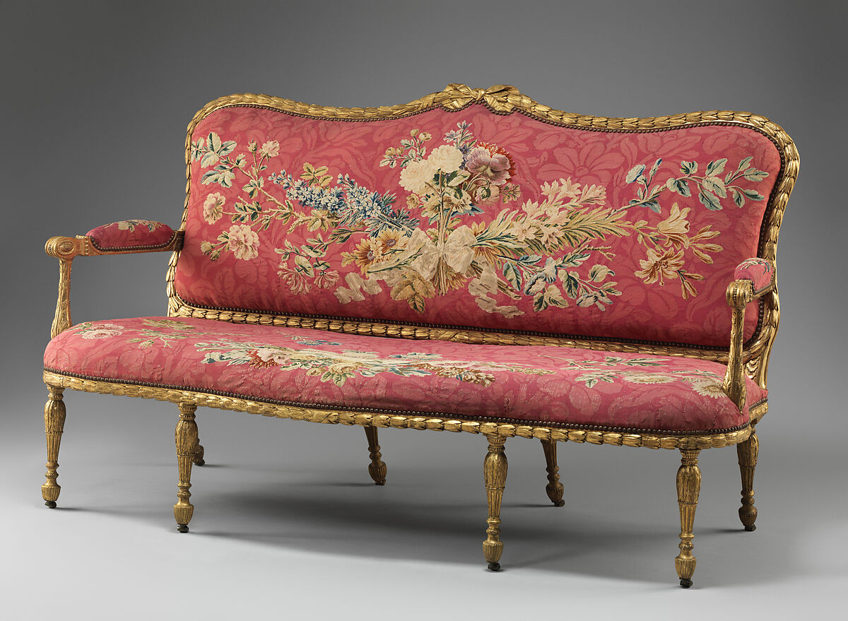 Settee (one of a pair), John Mayhew (British, 1736–1811), Gilded fruitwood; wool and silk (22-24 warps per inch, 9-10 per centimeter), British and French