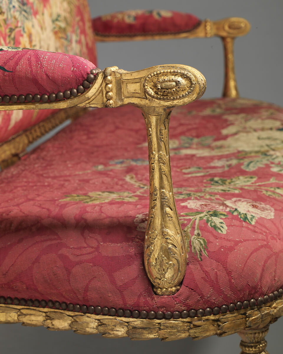Settee (one of a pair), John Mayhew (British, 1736–1811), Gilded fruitwood; wool and silk (22-24 warps per inch, 9-10 per centimeter), British and French