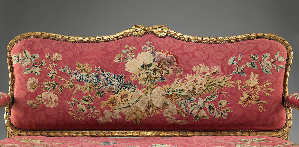 Settee (one of a pair), John Mayhew (British, 1736–1811), Gilded fruitwood; wool and silk (22-24 warps per inch, 9-10 per centimeter), British and French