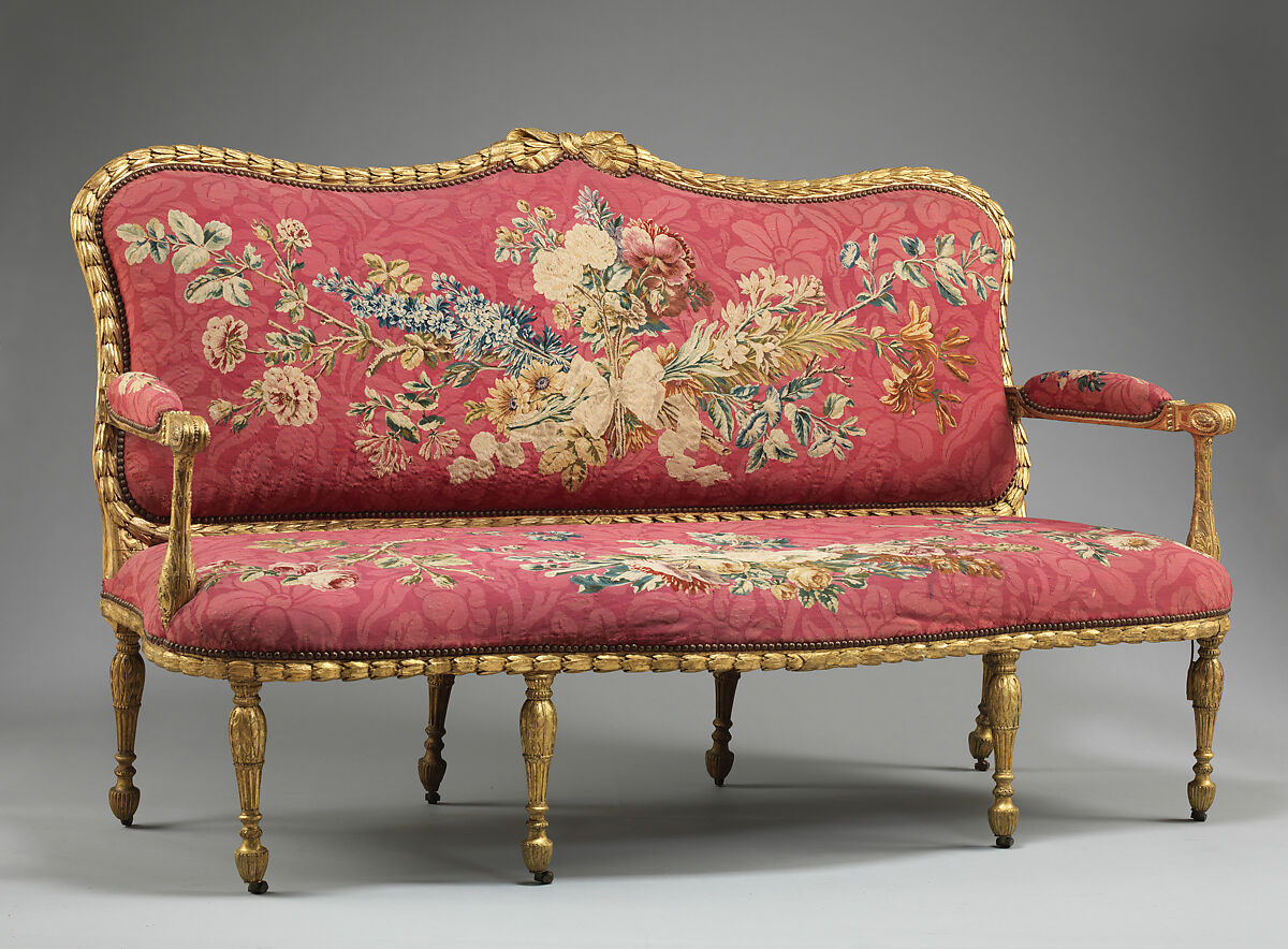 Settee (one of a pair), John Mayhew (British, 1736–1811), Gilded fruitwood; wool and silk (22-24 warps per inch, 9-10 per centimeter), British and French 