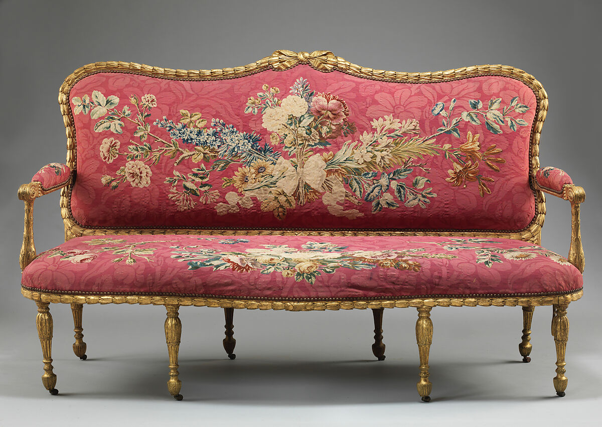 Settee (one of a pair), John Mayhew (British, 1736–1811), Gilded fruitwood; wool and silk (22-24 warps per inch, 9-10 per centimeter), British and French