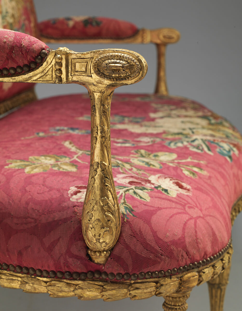 Settee (one of a pair), John Mayhew (British, 1736–1811), Gilded fruitwood; wool and silk (22-24 warps per inch, 9-10 per centimeter), British and French
