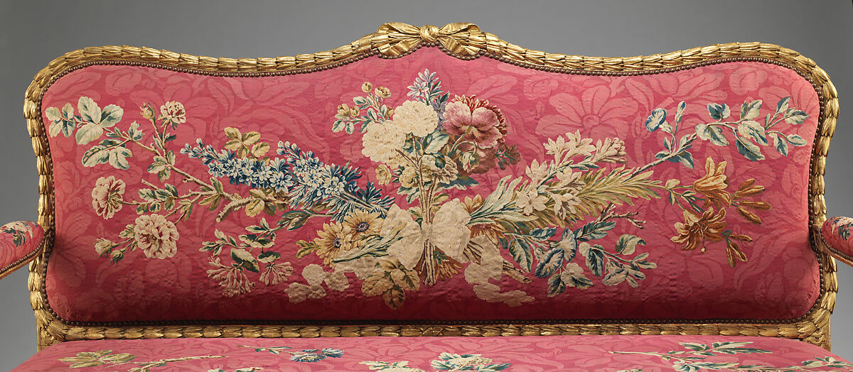 Settee (one of a pair), John Mayhew (British, 1736–1811), Gilded fruitwood; wool and silk (22-24 warps per inch, 9-10 per centimeter), British and French