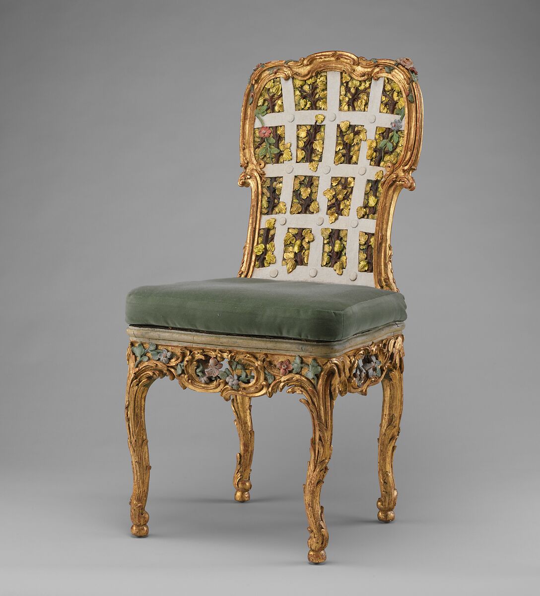 Side chair (one of four) (part of a set), Johann Michael Bauer  German, born Westheim, Carved, painted and gilded limewood; squab pillow in silk velvet (not original), German, Würzburg