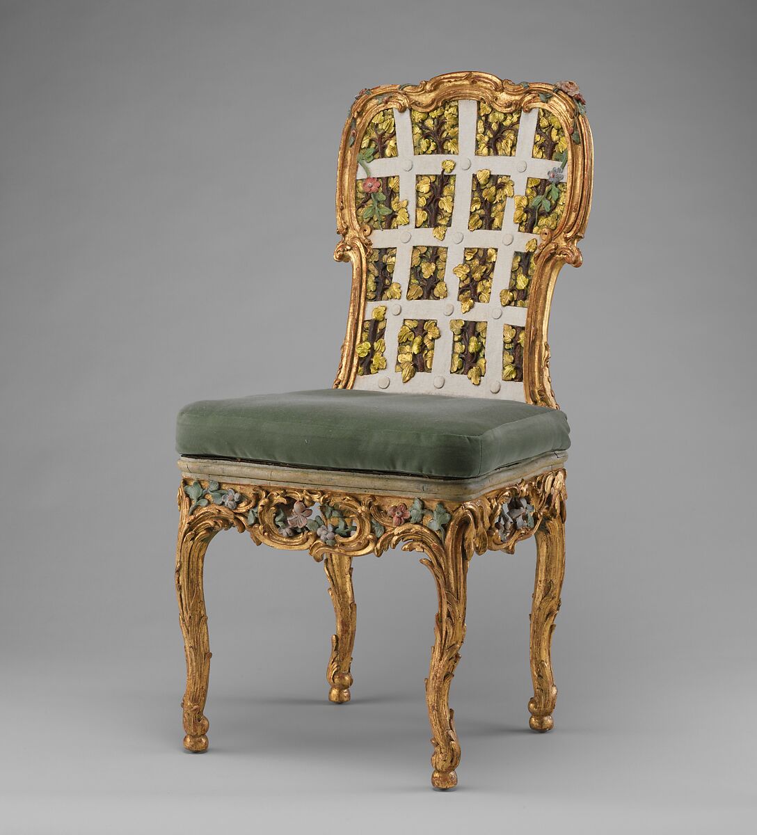 Side chair (one of four) (part of a set), Attributed to Johann Michael Bauer (German, Westheim 1710–1779 Bamberg), Carved, painted and gilded limewood; squab pillow in silk velvet (not original), German, Würzburg 