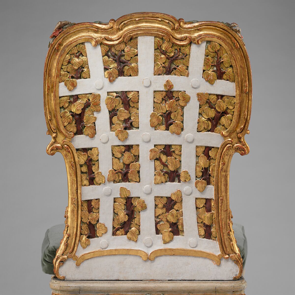 Side chair (one of four) (part of a set), Attributed to Johann Michael Bauer (German, Westheim 1710–1779 Bamberg), Carved, painted and gilded limewood; squab pillow in silk velvet (not original), German, Würzburg