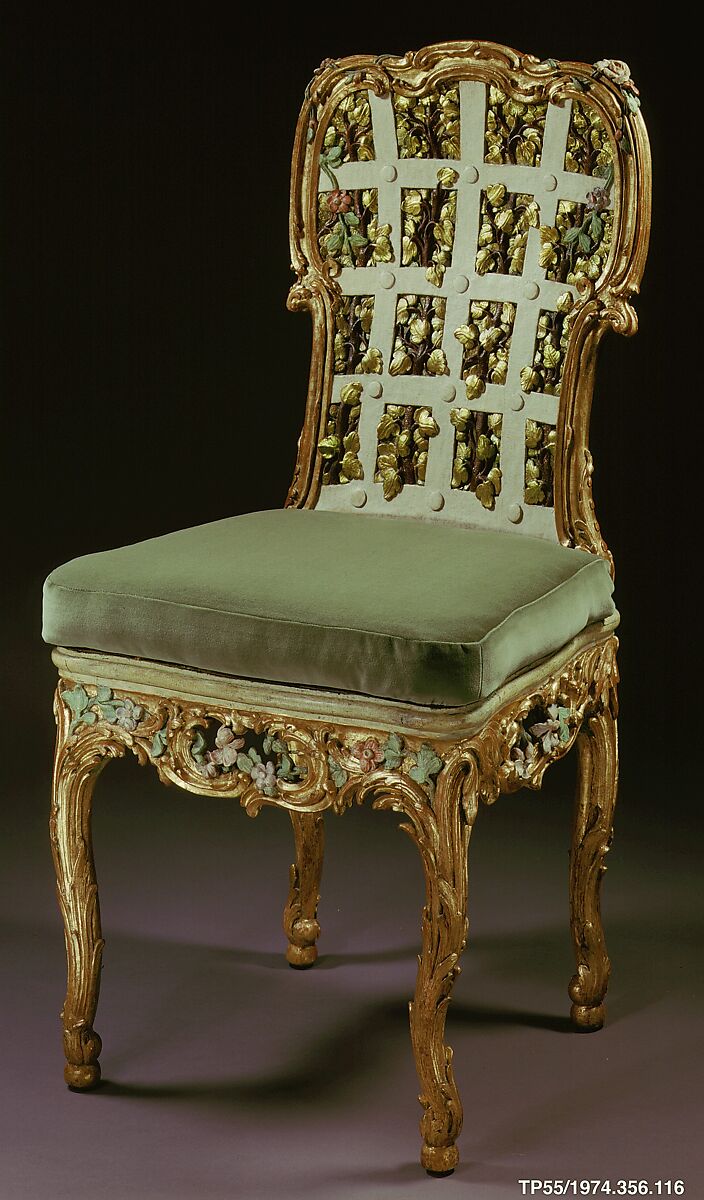 Side chair (one of four) (part of a set), Attributed to Johann Michael Bauer (German, Westheim 1710–1779 Bamberg), Carved, painted and gilded limewood; squab pillow in silk velvet (not original), German, Würzburg