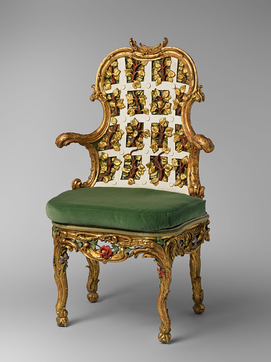 Armchair (one of a pair) (part of a set), Johann Michael Bauer  German, born Westheim, Carved, painted and gilded limewood; squab pillow in silk velvet (not original), German, Würzburg