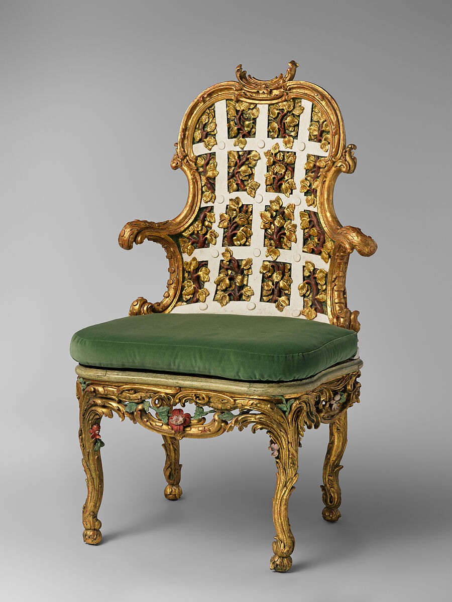 Armchair (one of a pair) (part of a set), Johann Michael Bauer  German, born Westheim, Carved, painted and gilded limewood; squab pillow in silk velvet (not original), German, Würzburg