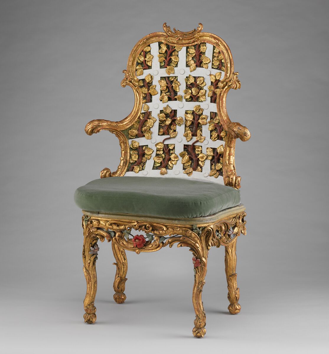 Armchair (one of a pair) (part of a set), Attributed to Johann Michael Bauer (German, Westheim 1710–1779 Bamberg), Carved, painted and gilded limewood; squab pillow in silk velvet (not original), German, Würzburg 