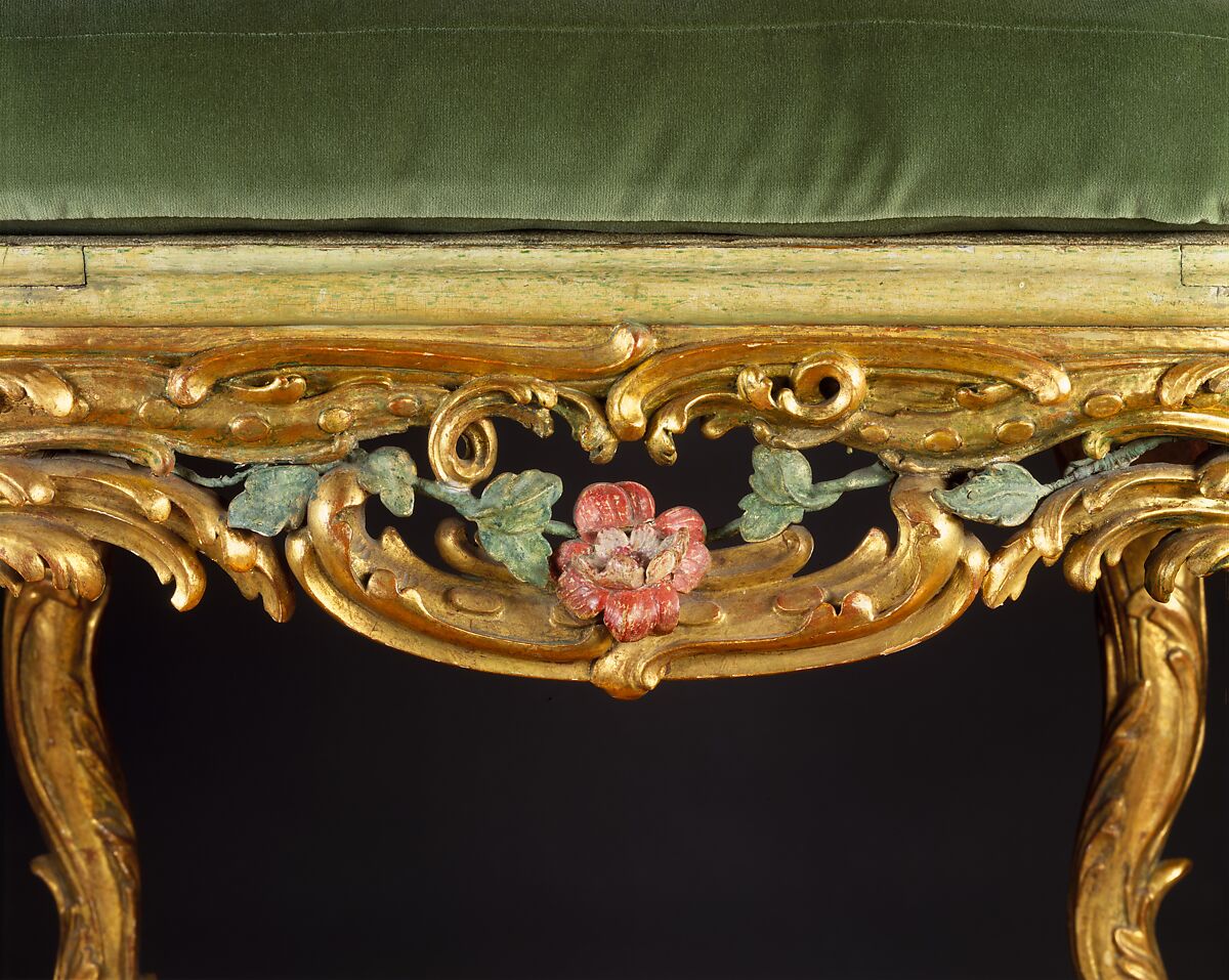 Armchair (one of a pair) (part of a set), Attributed to Johann Michael Bauer (German, Westheim 1710–1779 Bamberg), Carved, painted and gilded limewood; squab pillow in silk velvet (not original), German, Würzburg