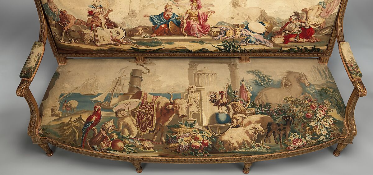 America, Tapestry upholstery by Beauvais, Carved and gilded wood; wool, silk, French, Beauvais