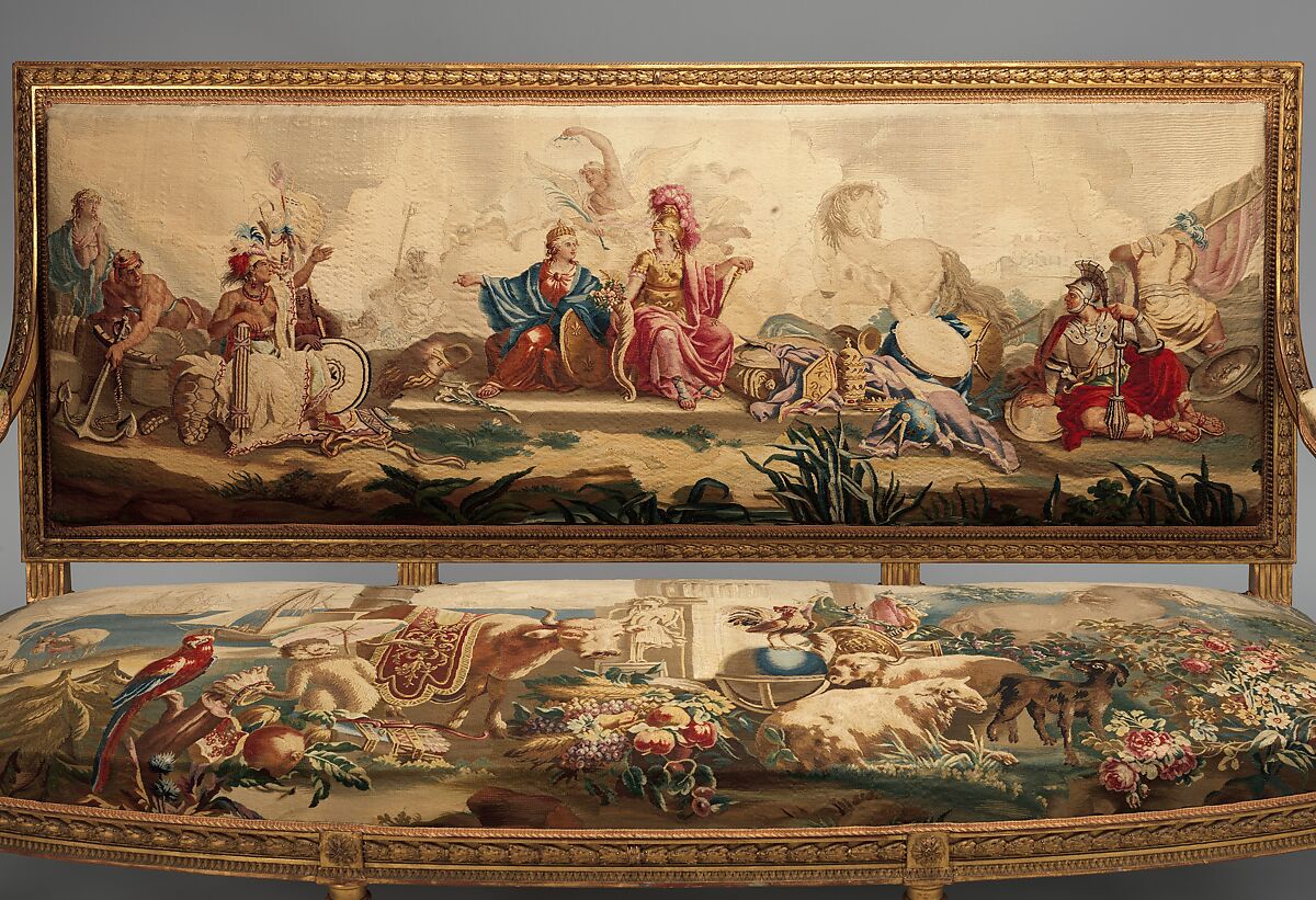 America, Tapestry upholstery by Beauvais, Carved and gilded wood; wool, silk, French, Beauvais