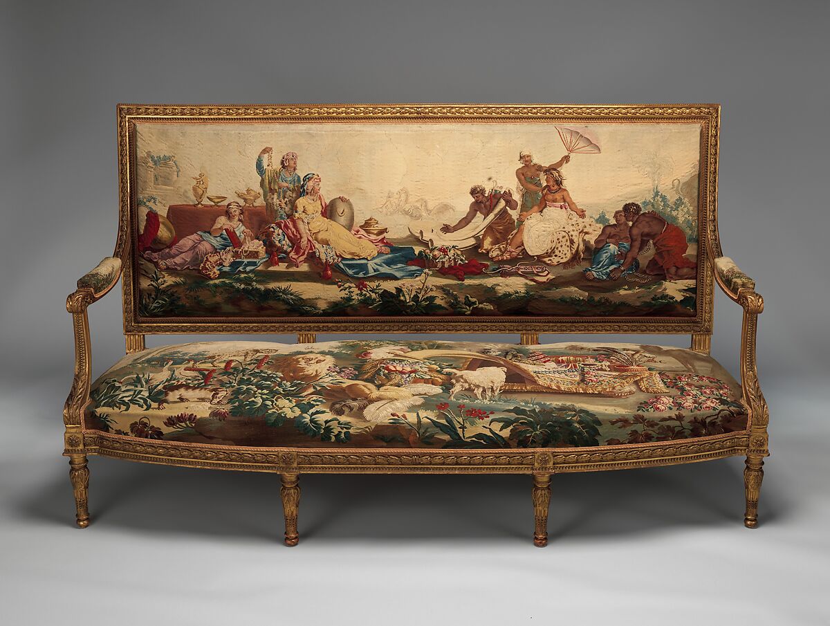 Settee, Tapestry upholstery by Beauvais, Carved and gilded wood; wool, silk, French, Beauvais 