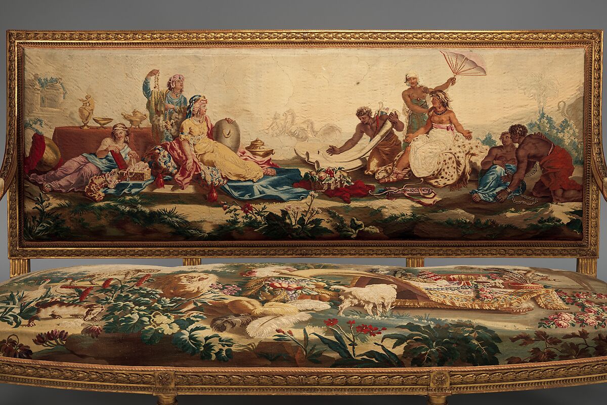 Settee, Tapestry upholstery by Beauvais, Carved and gilded wood; wool, silk, French, Beauvais