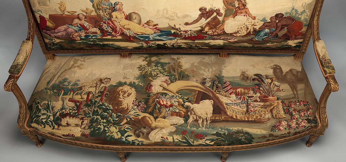 Settee, Tapestry upholstery by Beauvais, Carved and gilded wood; wool, silk, French, Beauvais