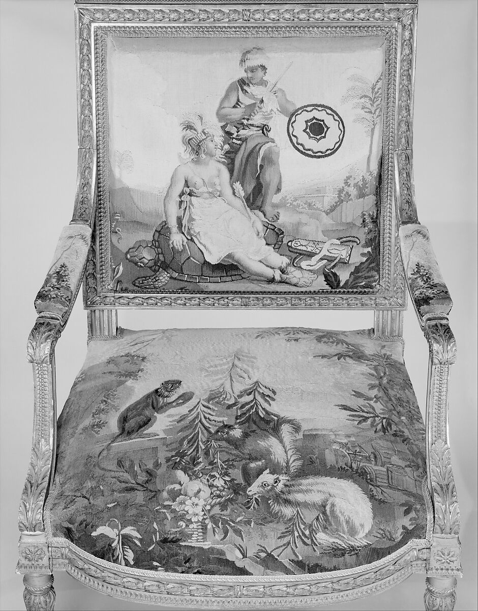 America, Tapestry upholstery by Beauvais, Carved and gilded wood; wool, silk, French, Beauvais