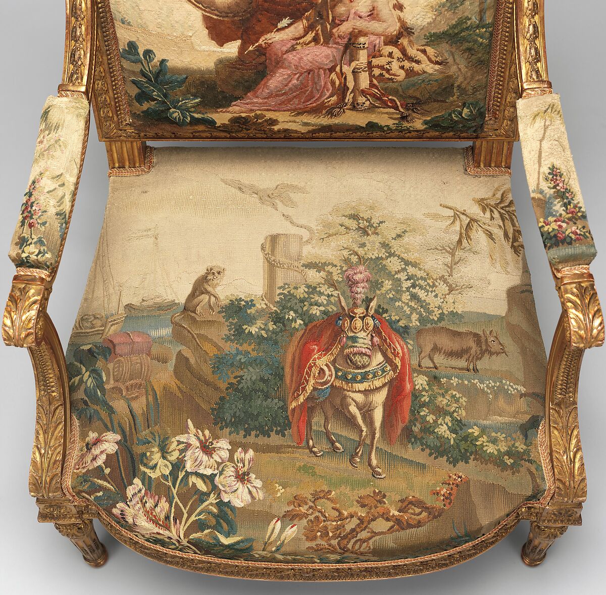 Armchair, Tapestry upholstery by Beauvais, Carved and gilded wood; wool, silk, French, Beauvais