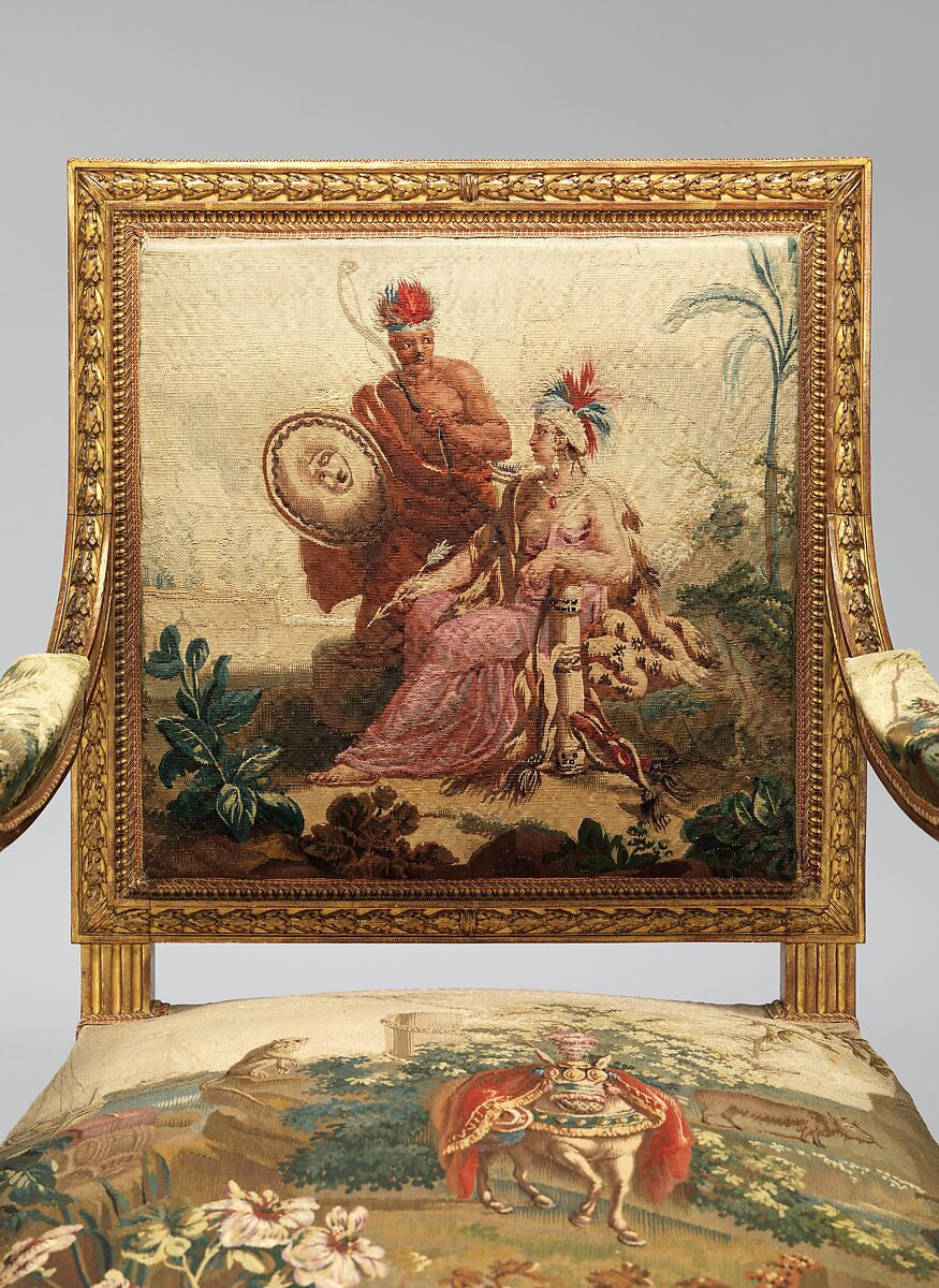 Armchair, Tapestry upholstery by Beauvais, Carved and gilded wood; wool, silk, French, Beauvais
