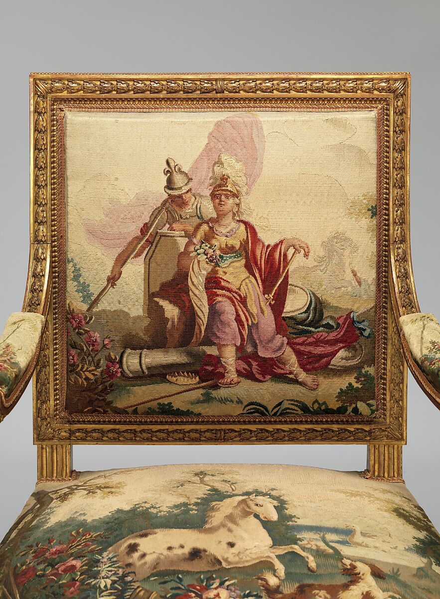 Armchair, Tapestry upholstery by Beauvais, Carved and gilded wood; wool, silk, French, Beauvais