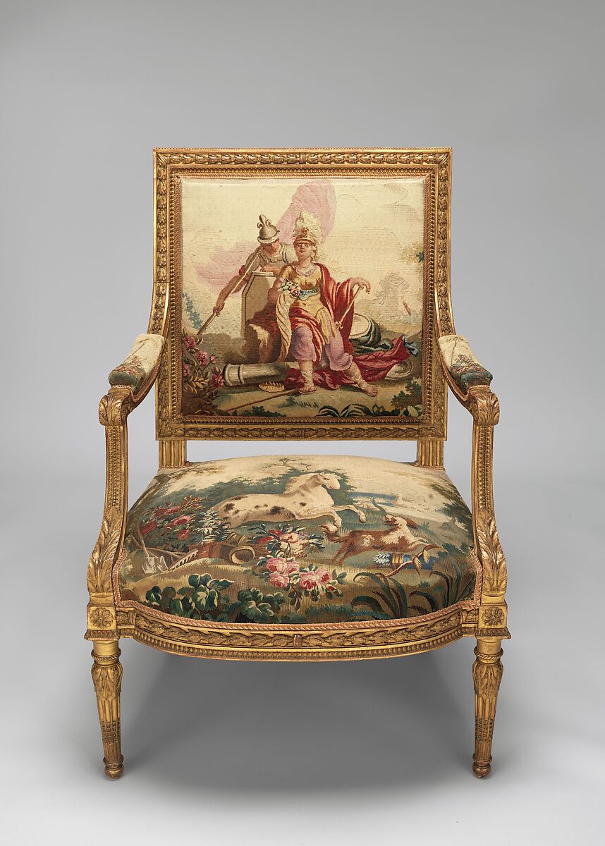 Armchair, Tapestry upholstery by Beauvais, Carved and gilded wood; wool, silk, French, Beauvais 