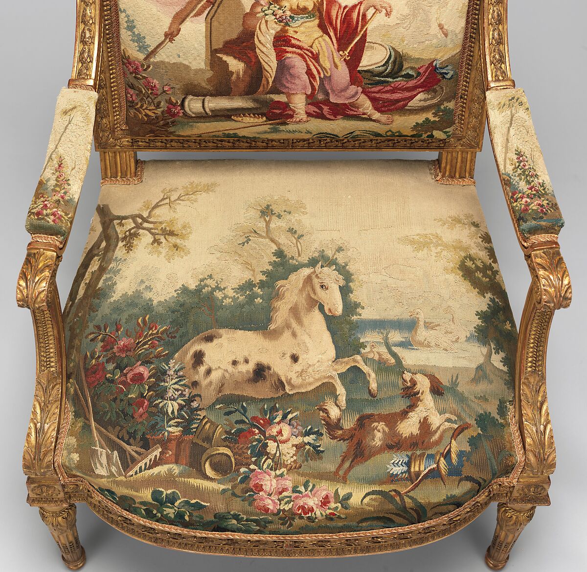 Armchair, Tapestry upholstery by Beauvais, Carved and gilded wood; wool, silk, French, Beauvais