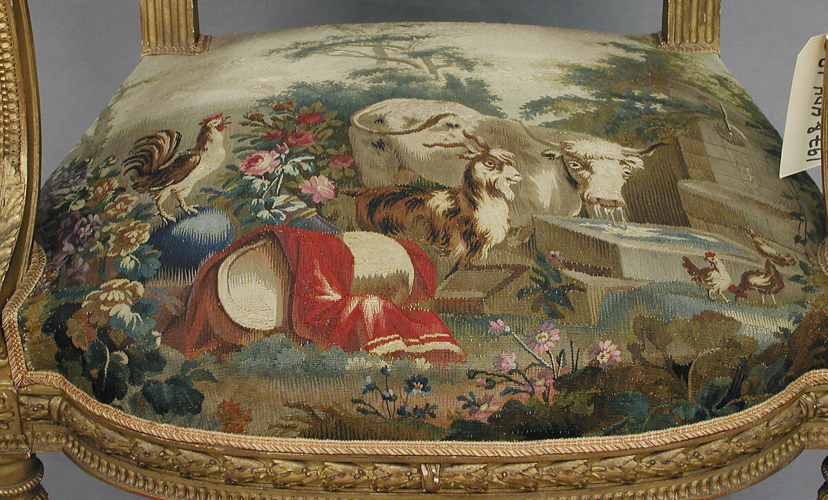 Armchair, Tapestry upholstery by Beauvais, Carved and gilded wood; wool, silk, French, Beauvais