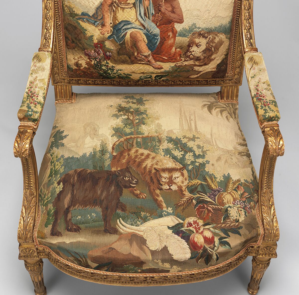 Armchair, Tapestry upholstery by Beauvais, Carved and gilded wood; wool, silk, French, Beauvais