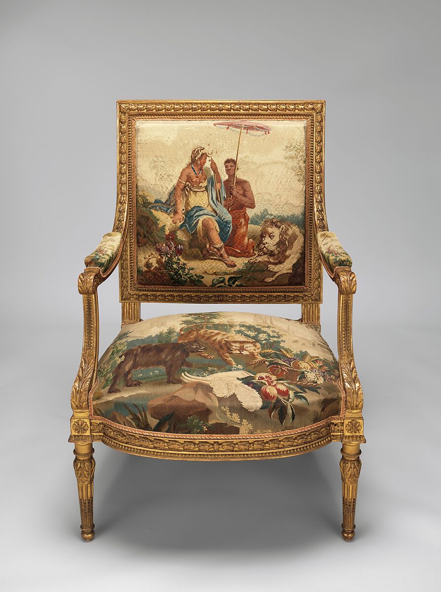 Armchair, Tapestry upholstery by Beauvais, Carved and gilded wood; wool, silk, French, Beauvais 