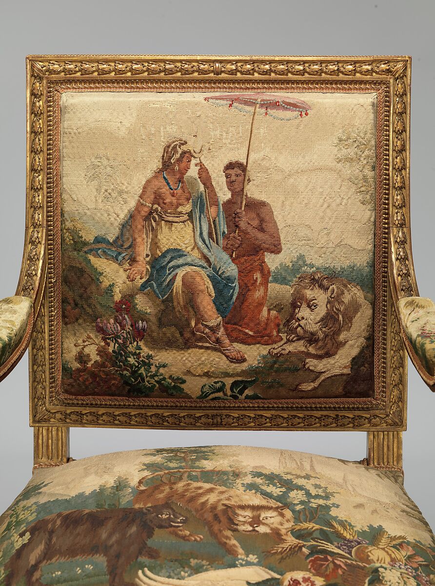 Armchair, Tapestry upholstery by Beauvais, Carved and gilded wood; wool, silk, French, Beauvais