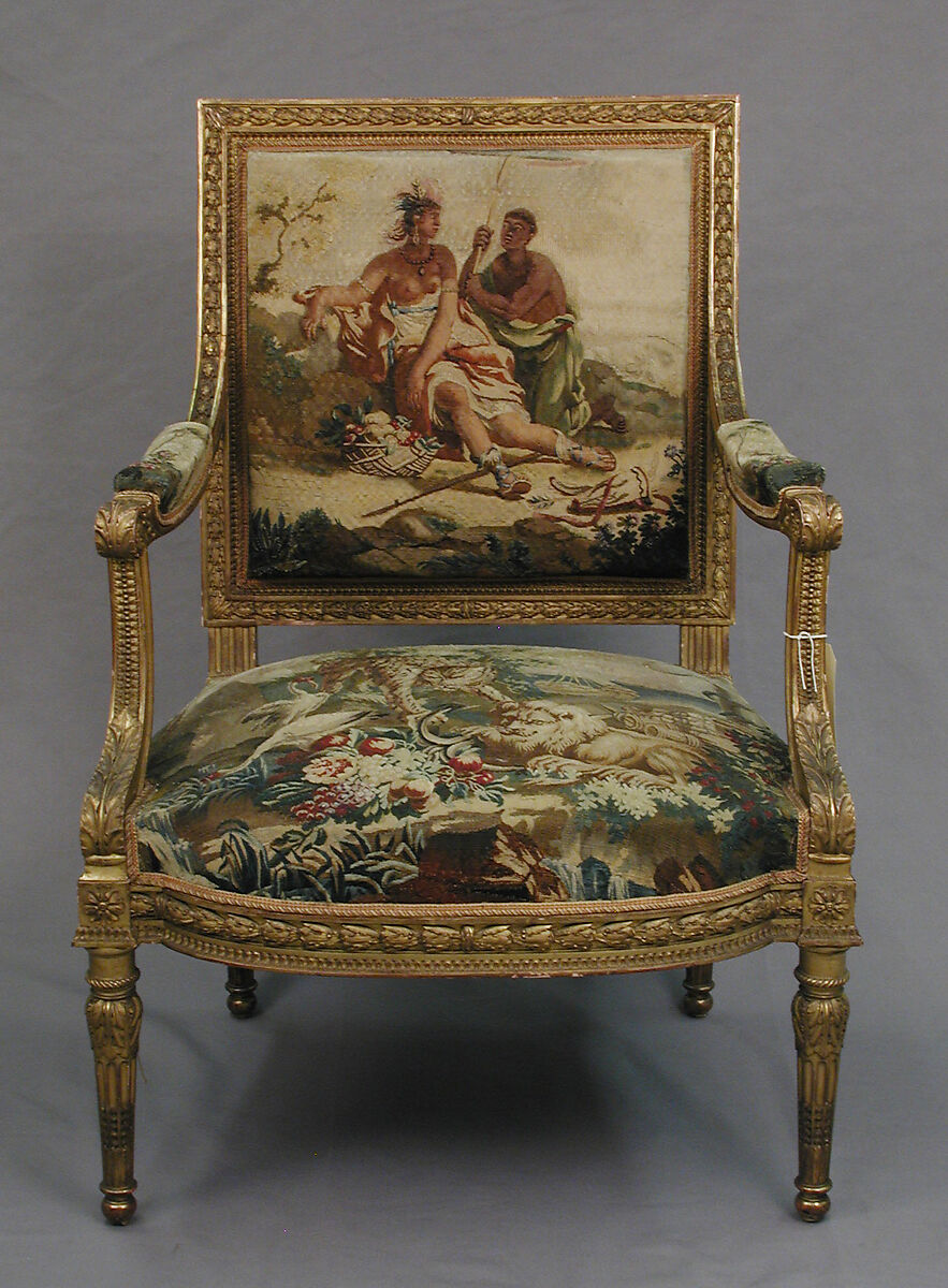 Armchair, Tapestry upholstery by Beauvais, Carved and gilded wood; wool, silk, French, Beauvais 