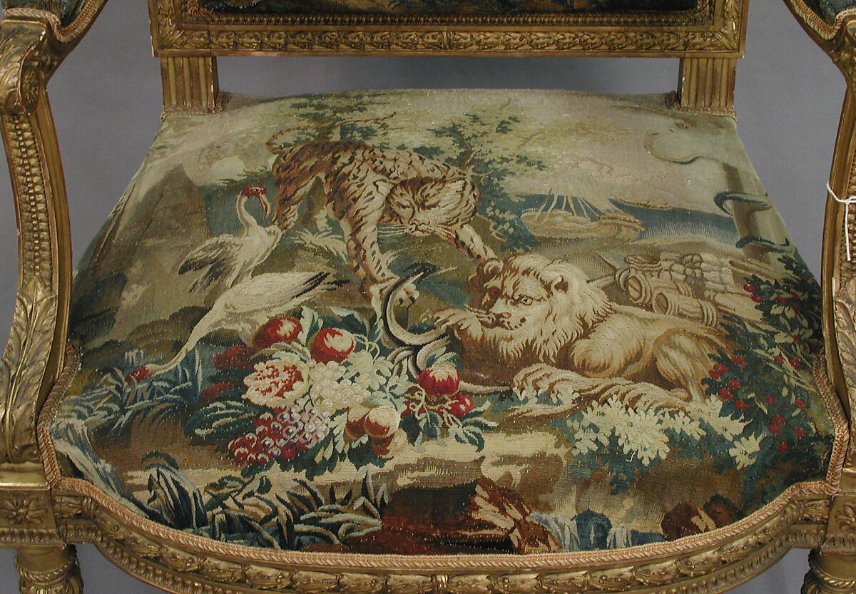 Armchair, Tapestry upholstery by Beauvais, Carved and gilded wood; wool, silk, French, Beauvais