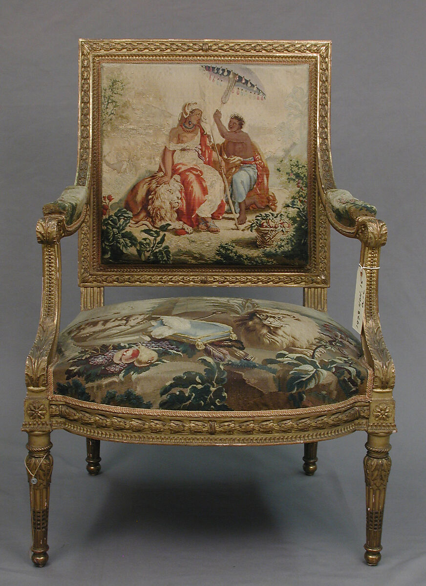 Armchair, Tapestry upholstery by Beauvais, Carved and gilded wood; wool, silk, French, Beauvais 