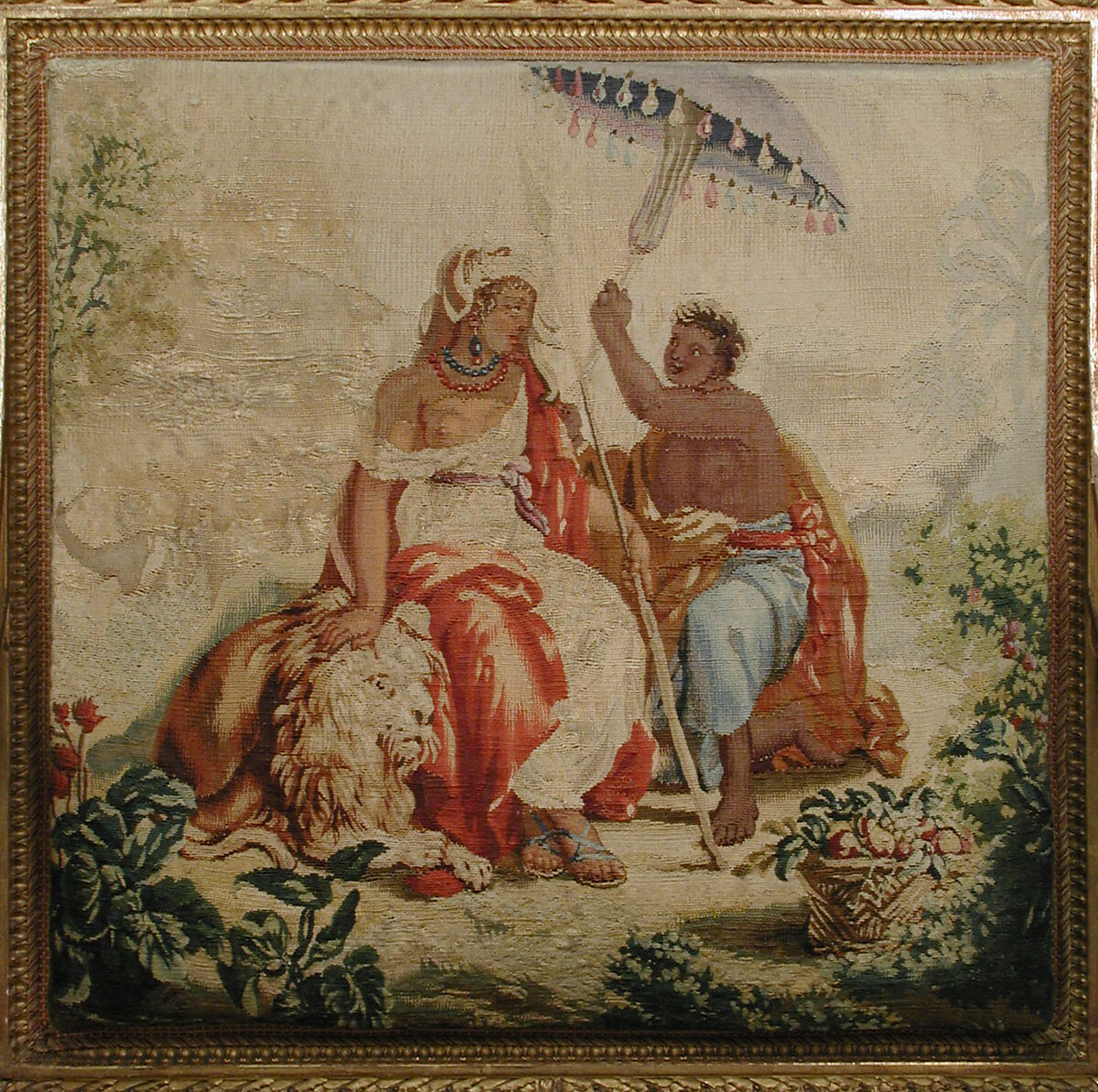 Armchair, Tapestry upholstery by Beauvais, Carved and gilded wood; wool, silk, French, Beauvais