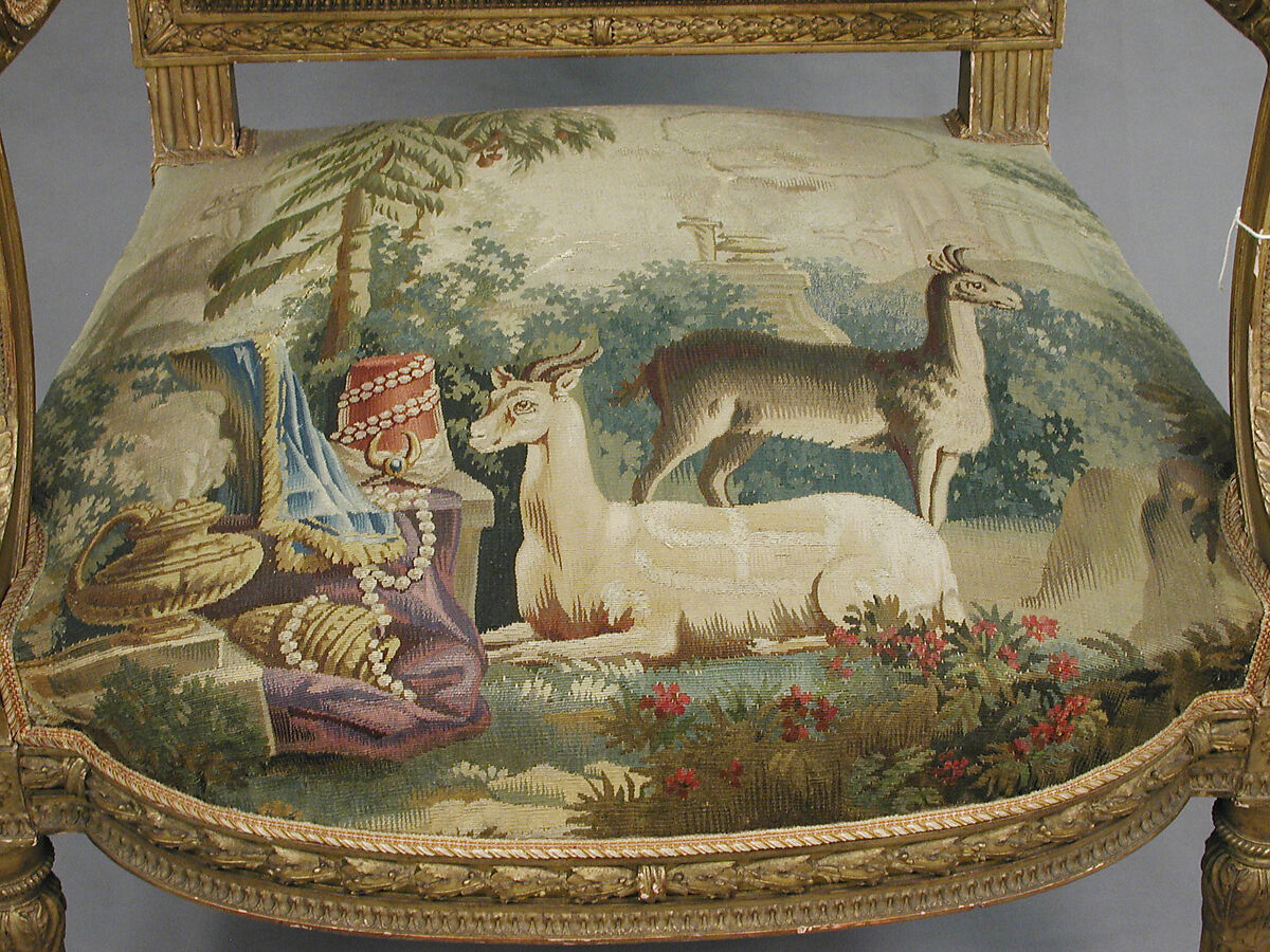 Armchair, Tapestry upholstery by Beauvais, Carved and gilded wood; wool, silk, French, Beauvais