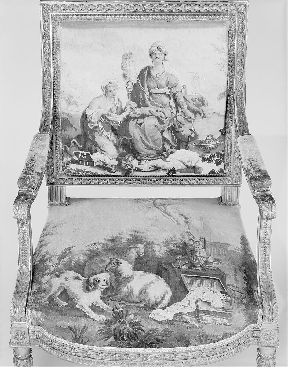 Armchair, Tapestry upholstery by Beauvais, Carved and gilded wood; wool, silk, French, Beauvais