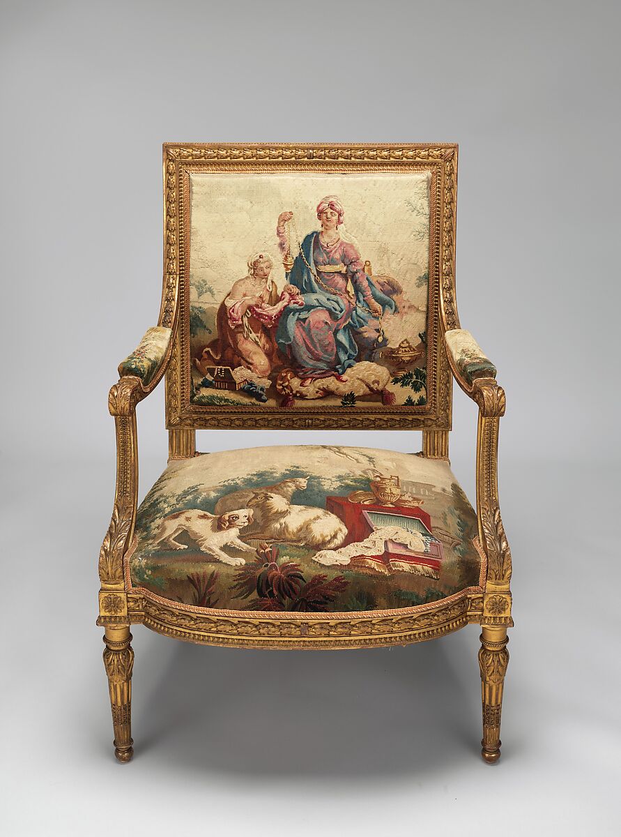 Armchair, Tapestry upholstery by Beauvais, Carved and gilded wood; wool, silk, French, Beauvais 