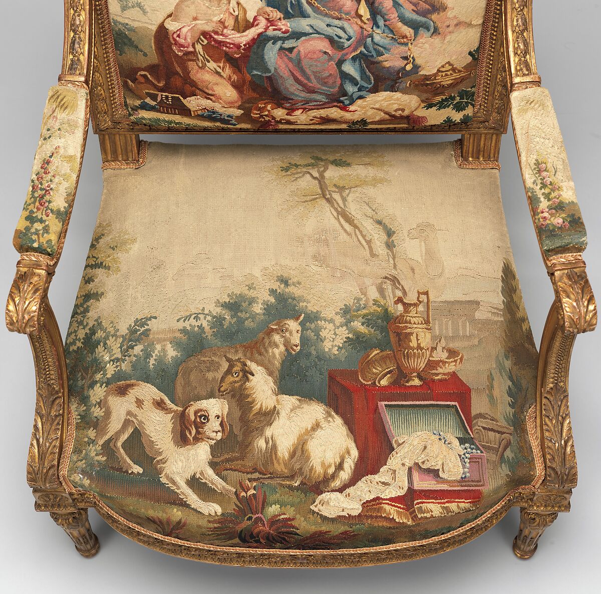 Armchair, Tapestry upholstery by Beauvais, Carved and gilded wood; wool, silk, French, Beauvais