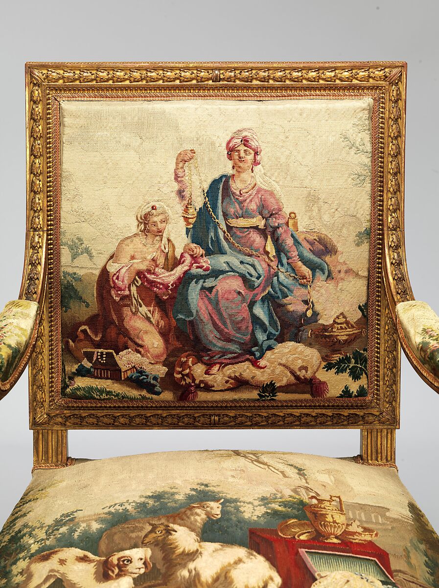 Armchair, Tapestry upholstery by Beauvais, Carved and gilded wood; wool, silk, French, Beauvais
