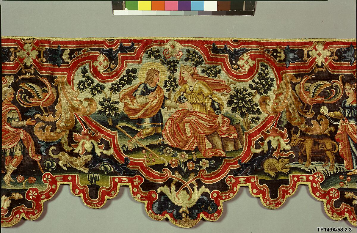 Bed valances and side curtains, Canvas; silk and wool embroidery in gros and petit point, French